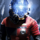 A man in a red spacesuit and blue helmet stands in front of a black, ominous creature.